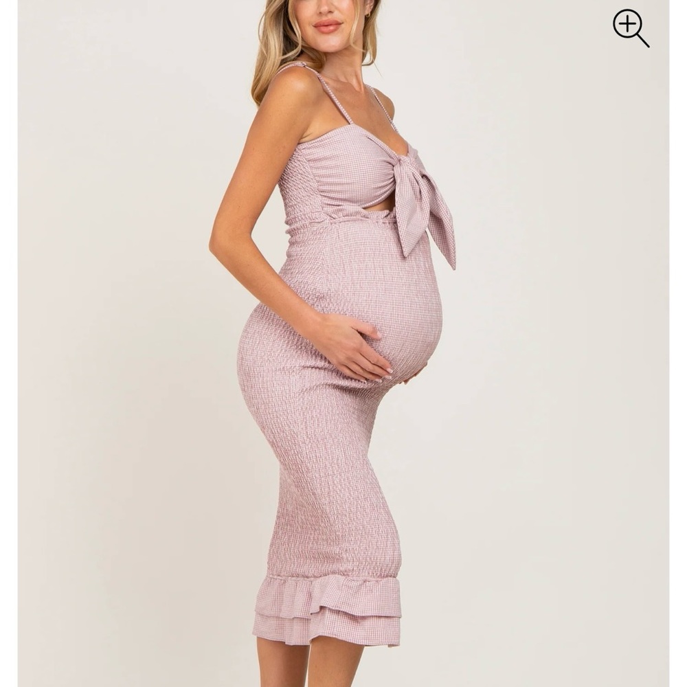 Mauve Gingham Print Smocked Fitted Self-Tie Maternity Midi Dress